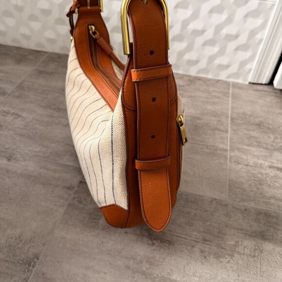 FOSSIL Tan W/ Blue Stripes HANNAH HOBO Canvas & Leather Shoulder Bag - Picture 12 of 16